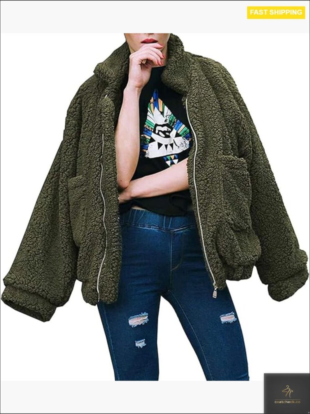 Women's Oversized Faux Fur Shearling Jacket Long Sleeve Lapel Zipper Trendy